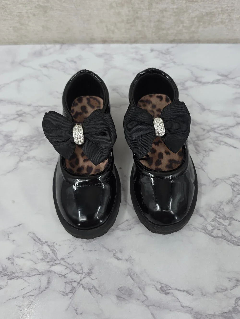 Girls Black Patent Bow Mary Jane Shoes Rhinestone Shoe Clips